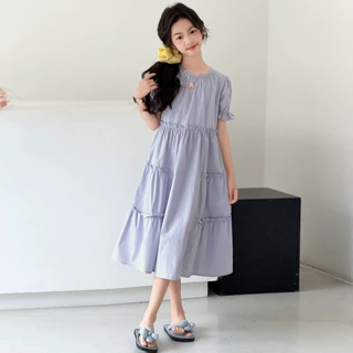 女童短袖连衣裙夏季2026新款儿童甜美公主裙中长款洋气木耳边裙子