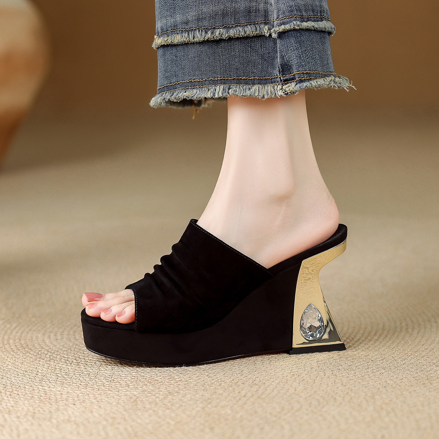 Sandal peep toe nữ gót vuông da lộn mũi vuông đế xuồng cao 5 cm — màu đen, màu mơ