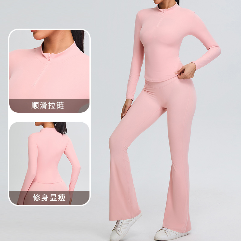 Ropa de yoga de manga larga con cuello alto de otoño e invierno, camisa deportiva de entrenamiento delgado con media cremallera para mujer, camiseta, ropa de fitness transpirable delgada