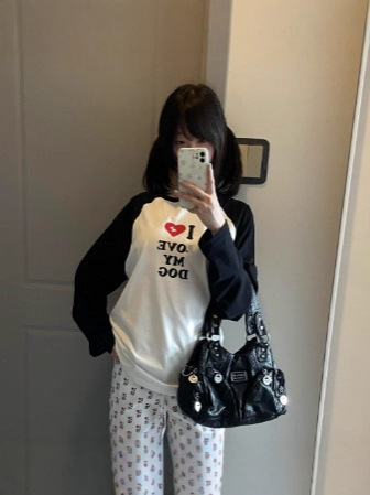 【200克精梳纯棉后包领】美式复古插肩撞色长袖t恤女春秋设计感|undefined