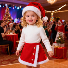 外贸幼儿学步女孩童套装女童长袖小高领圣诞帽+纽扣毛边短裙3件套