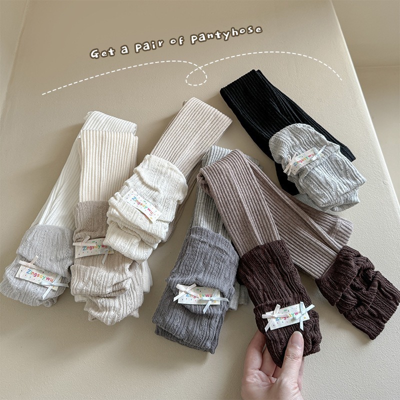 新款春秋蝴蝶结布标女童打底裤竖条纹针织拼接撞色九分儿童连裤袜