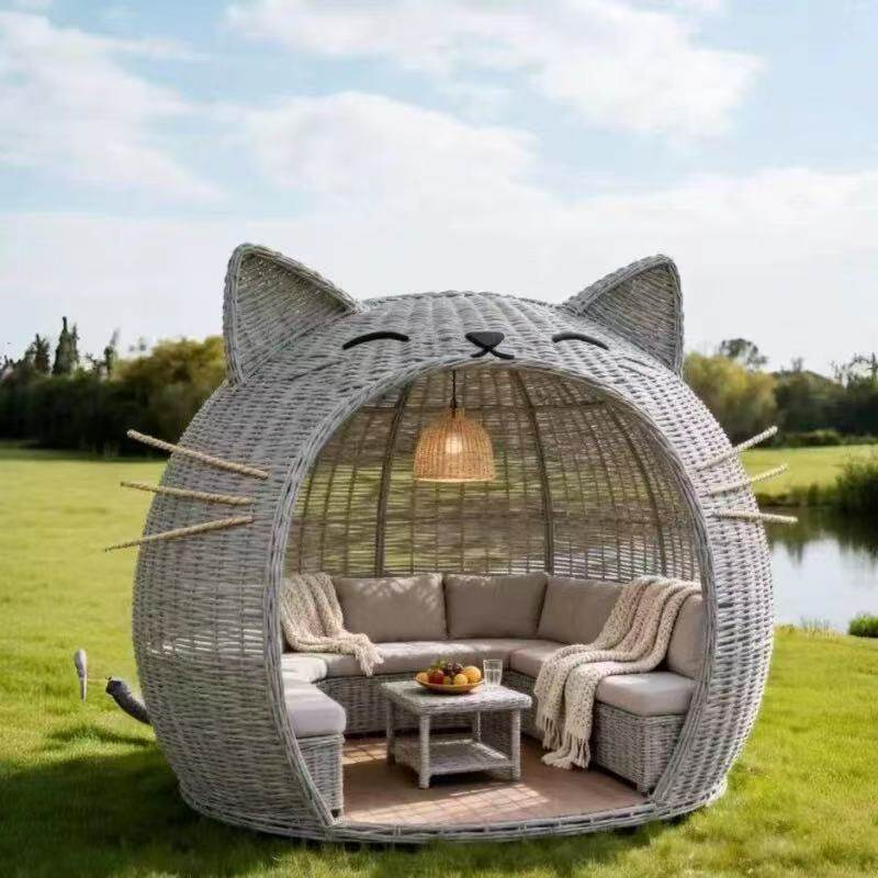 Outdoor rattan cat-shaped gazebo sofa set, featuring a creative design, perfect for trendy photo spots and leisure seating, ideal for garden landscaping