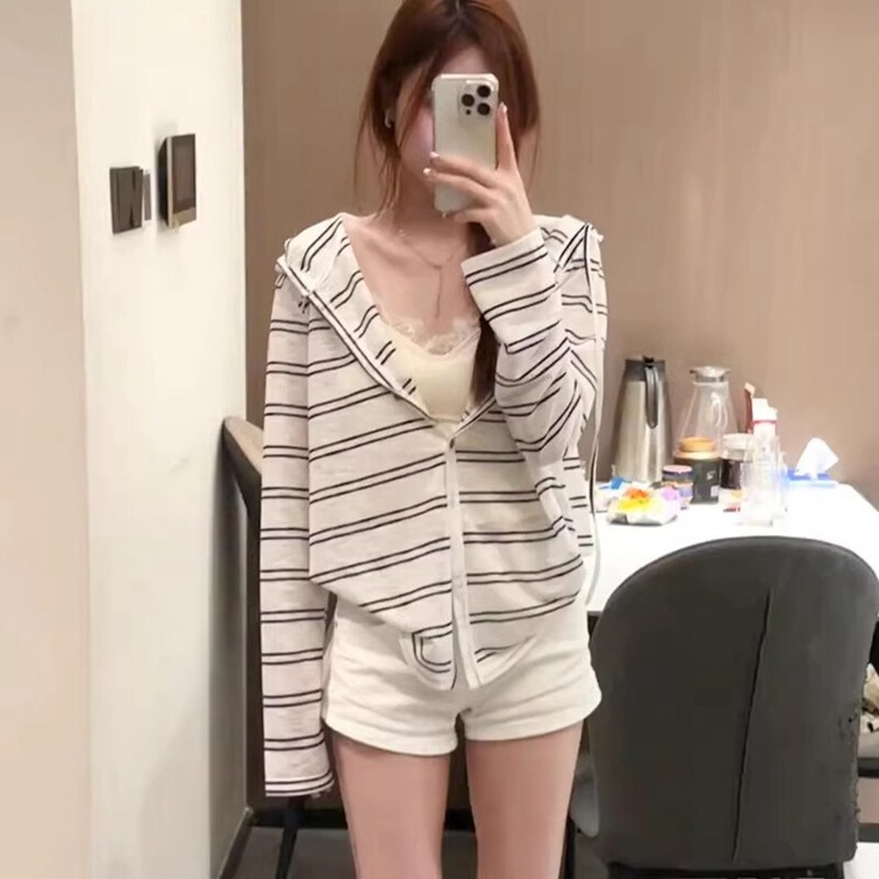 Tencel Linen Bamboo Striped Hooded Long-Sleeve Cardigan T-Shirt for Women, Summer Loose Sun-Protective Cover-Up, Slightly Sheer Thin Top Tencel Linen Bamboo Striped Hooded Long-Sleeve Cardigan T-Shirt for Women, Summer Loose Sun-Protective Cover-Up, Slightly Sheer Thin Top