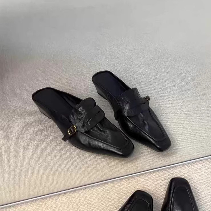 Soft Leather Version~Simple Retro Style Square-Toe Slip-On Mules for Women, Slip-On Work Shoes with Chunky Heels, Elegant Closed-Toe Shoes