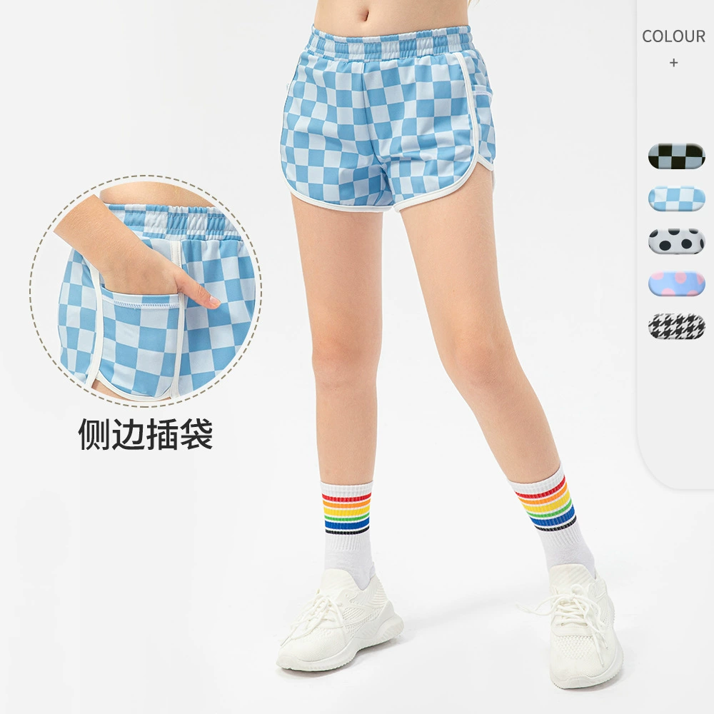Спортивные шорты для девочек в клетку, дышащие быстросохнущие свободные шорты для бега, детские шорты для йоги в ломаную клетку 23404