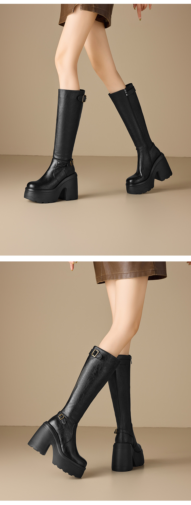 Boot nữ cổ thấp gót dày 12 cm phong cách Anh, đi xe máy — nhung nâu chi tiết 7