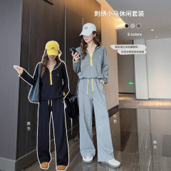 刺绣小马运动套装秋冬大码宽松休闲卫衣卫裤慵懒风修身显瘦两件套