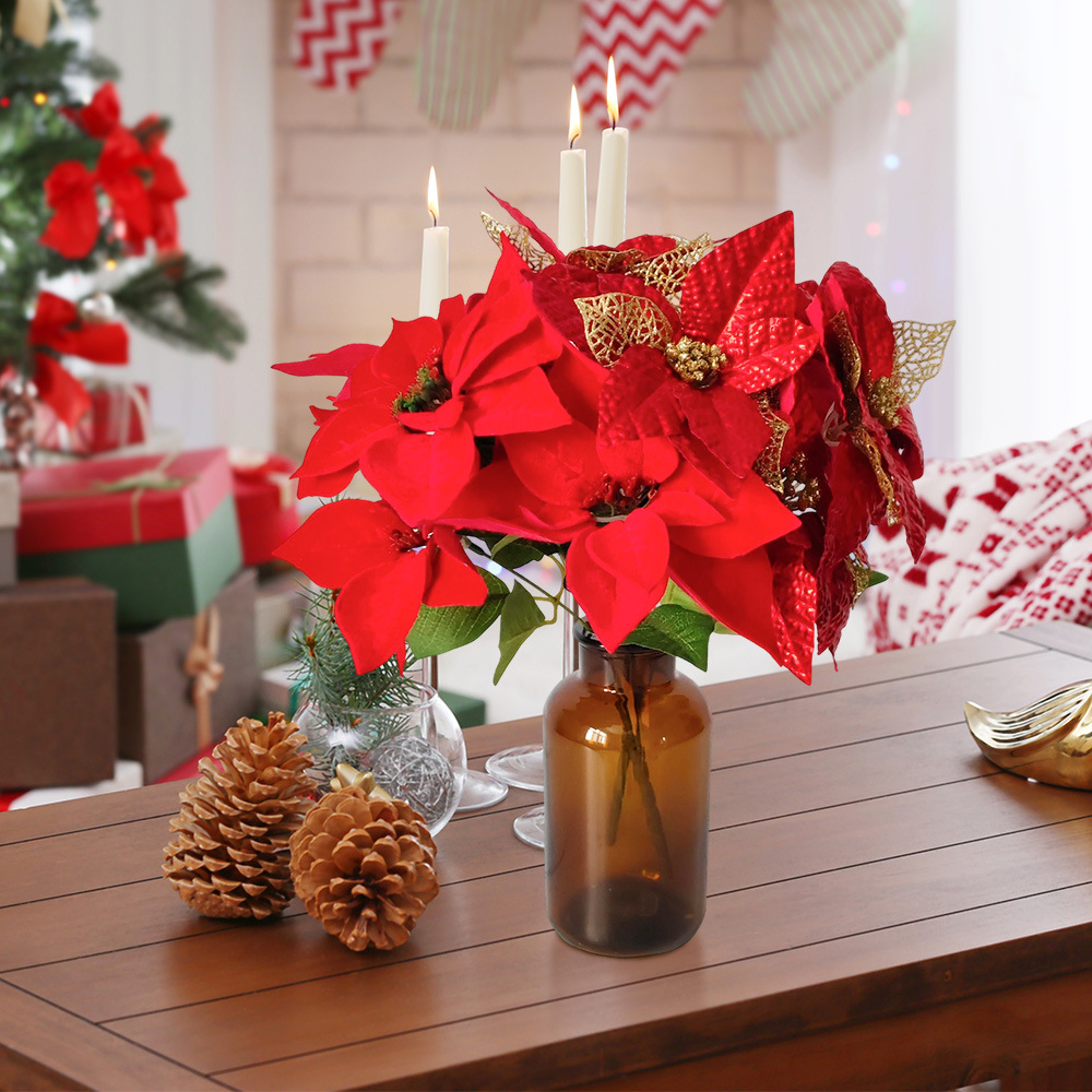 Nuevos productos transfronterizos flores de Navidad artificiales simulación de flores falsas de cártamo flor de Navidad decoración floral ramo de polvo de oro