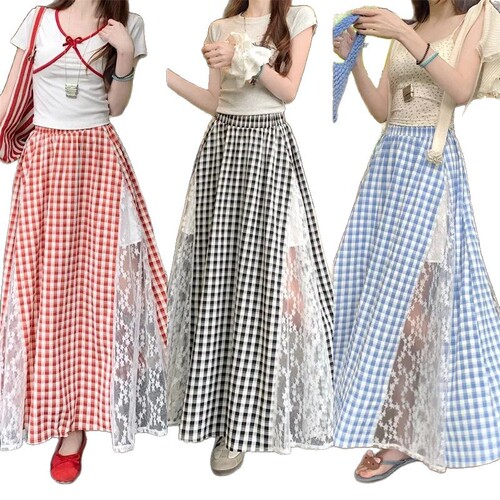 Korean Sweet Lace Patchwork Red Check Semi-Body Skirt 2025 Spring New College Style Full-Skirted A-Line Dress