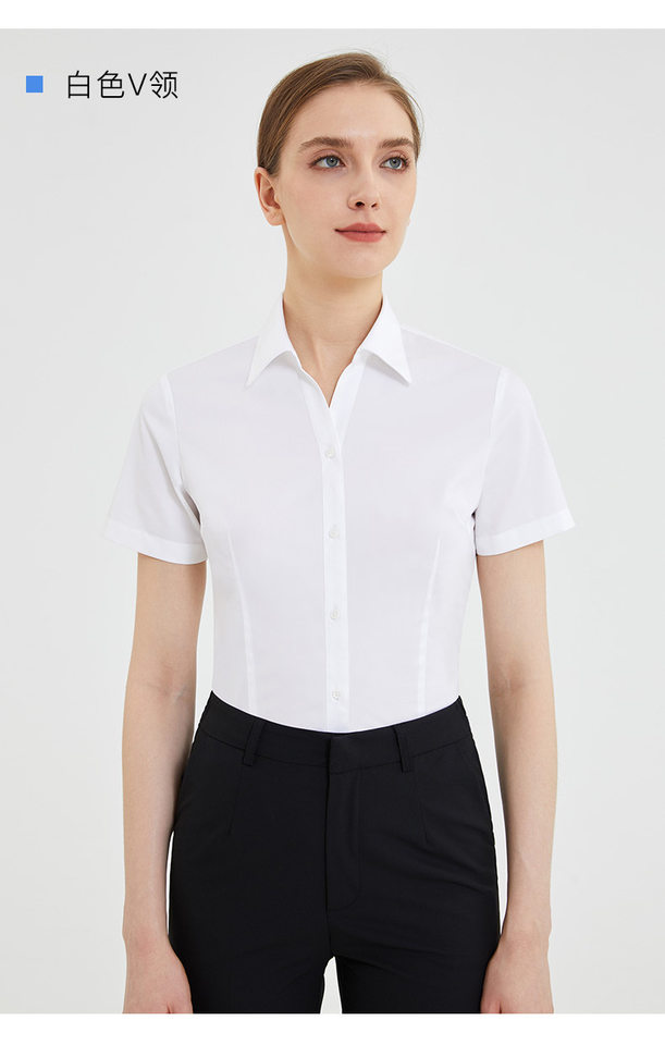 Áo sơ mi ngắn tay cổ vuông không cần ủi, cotton chải kỹ pha, form vừa vặn đi làm — Màu xanh nhạt ngắn tay nam cổ vuông, Màu xanh nhạt ngắn tay nữ cổ chữ V, Màu xanh nhạt ngắn tay nữ cổ vuông, Trắng ngắn tay nam cổ vuông chi tiết 19