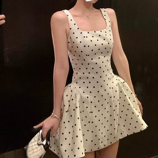 [Готовый запас] 202 в том же стиле, французское платье в горошек с квадратным вырезом и высокой талией, элегантная короткая юбка на подтяжках