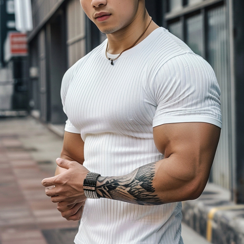 Summer New Trendy Fashion Men's Short-Sleeve T-Shirt New Men's Pullover Slim Solid Color Base Shirt Striped