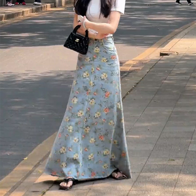 Korean-Style Niche Floral Print Flared Denim Skirt for Women, 2025 Summer New High-Waisted Versatile Fringed Long Skirt