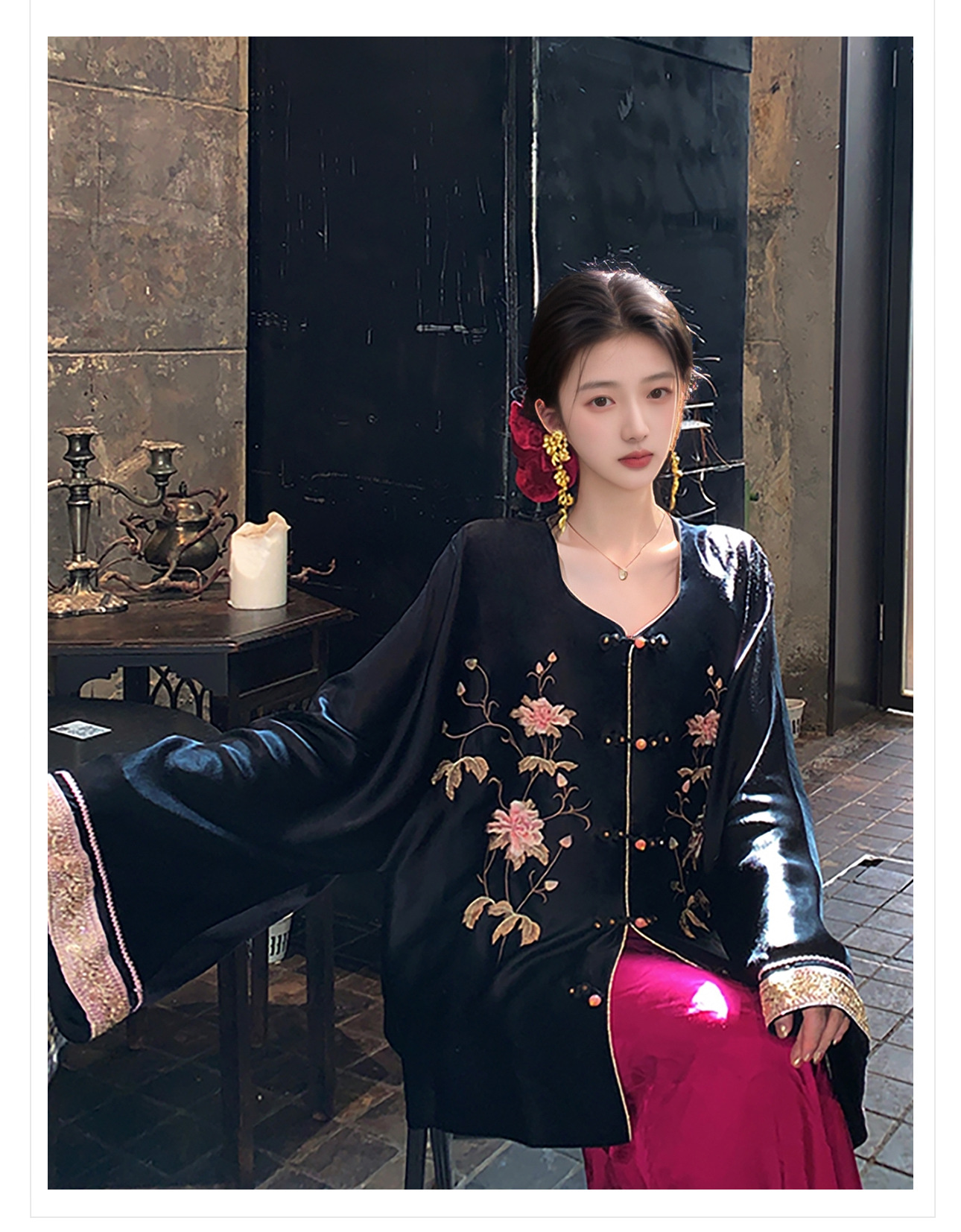 Áo vest nữ thêu hoa văn quốc gia mùa hè, chất acetate dáng rộng cao cấp — Áo khoác màu đen, Gi lê màu đen chi tiết 3