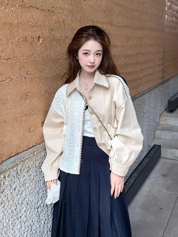 2025秋季新款小香风时尚翻领夹克外套女气质蕾丝拼接棒球服上衣女|undefined