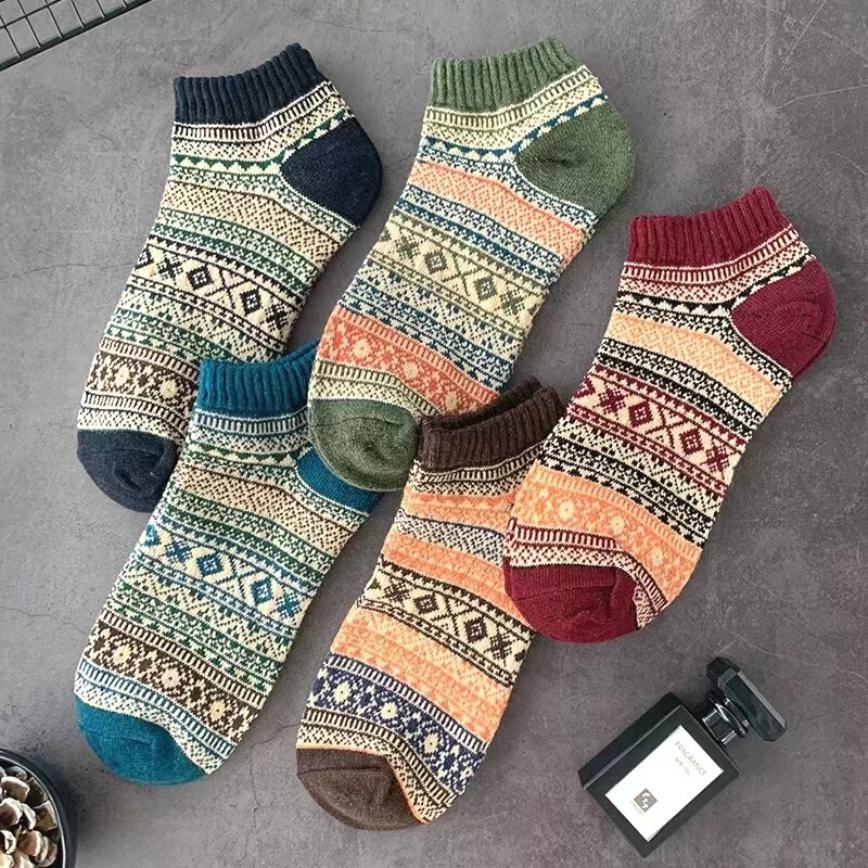Socks Men's Retro Ethnic Style Boat Socks Double-Way Spring & Fall Socks Thick Line Japanese Style Harajuku Trend Socks Sweat-Absorbent Cotton Socks