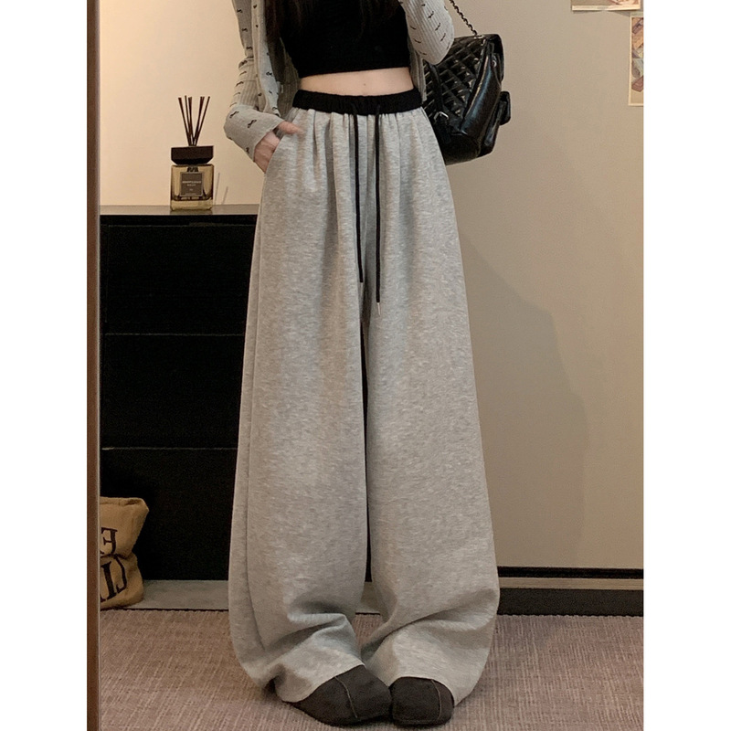 设计感撞色拼接高腰休闲裤女2025秋季新款显瘦抽绳阔腿直筒长裤子|undefined