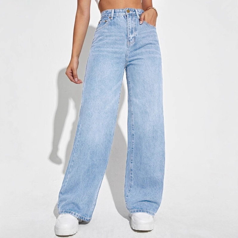 Cross-Border Foreign Trade European and American Loose Straight Elastic Women's Denim Trousers Cross-Border Foreign Trade European and American Loose Straight Elastic Women's Denim Trousers