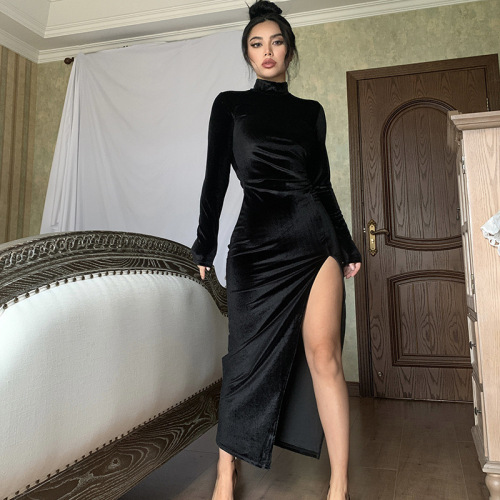 European and American style women's clothing Amazon 2023 spring and summer high collar long velvet long skirt slim pleated slit dress