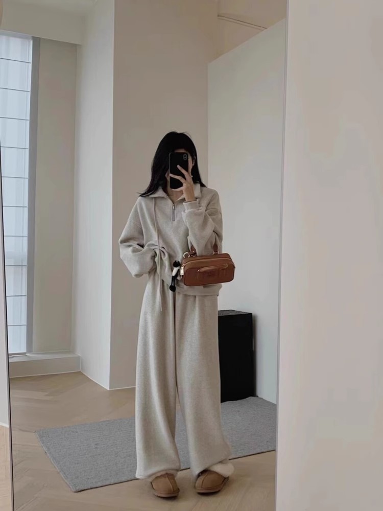 Tuta sportiva casual in cashmere ActiveGo Lazy Style per donna, felpa con collo alto e gamba larga, foderata in pile, calda per autunno e inverno_voghion.com