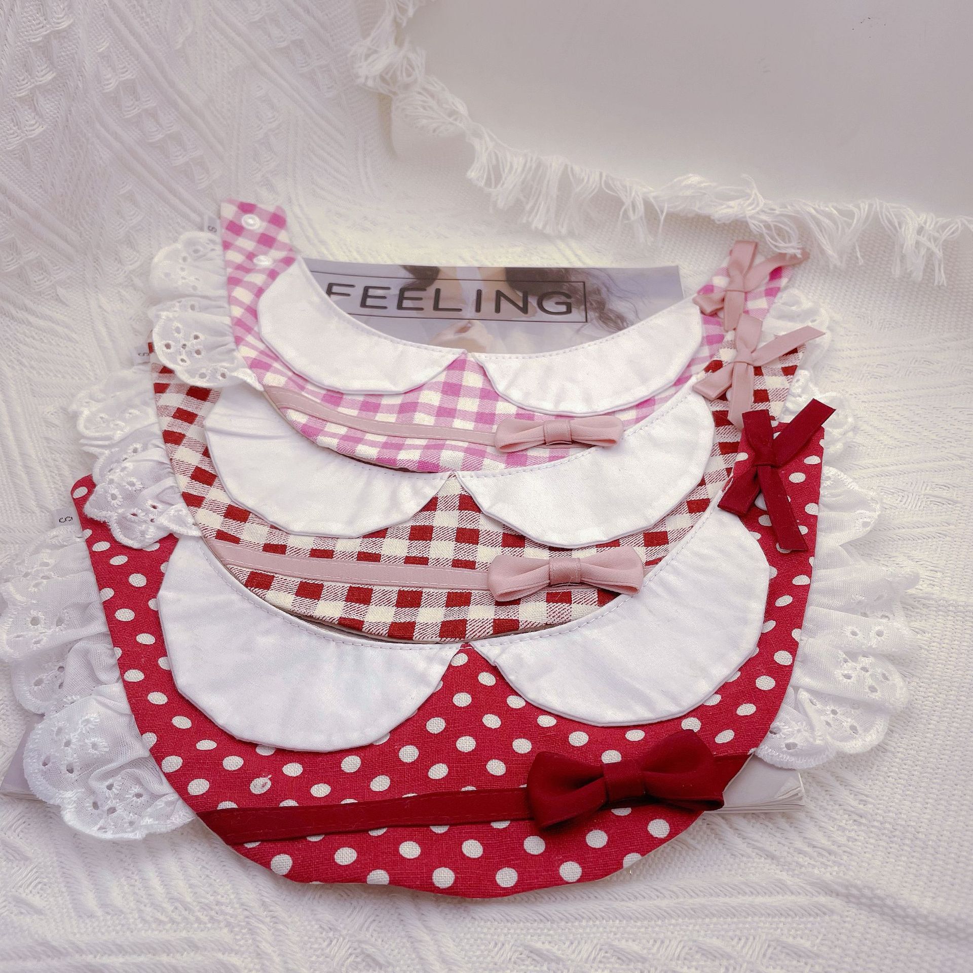 Maid's Bow Pet Lace Fake Collar Lace Bib Plaid Dog Accessories Cat Bib French Bulldog Scarf