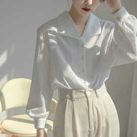 春秋季新款法式纹理肌翻领衬衫女长袖韩版宽松休闲设计感小众衬衣