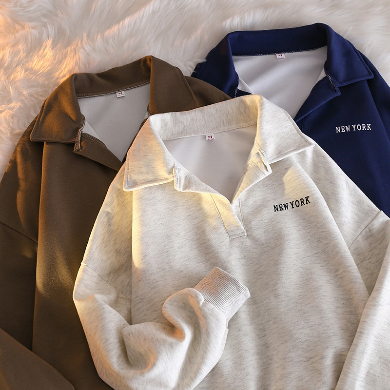 Cross-Border Polo Collar Sweatshirt for Women, Spring and Autumn Thin Loose New Trendy Korean Chic Hong Kong Style Long-Sleeve Jacket