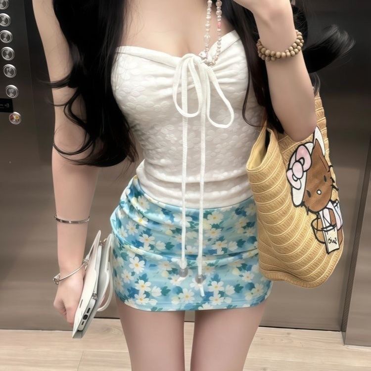 Floral French Sexy Suspender Tube Top Suit Summer Seaside Skirt Top Vacation Two-Piece Set