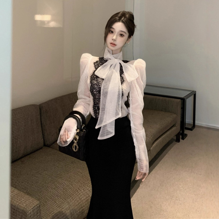 854 European and American Cross-Border Export Women's Clothing Southeast Asia Polka Dot See-Through Mesh Lace Splicing Tie Shirt for Women