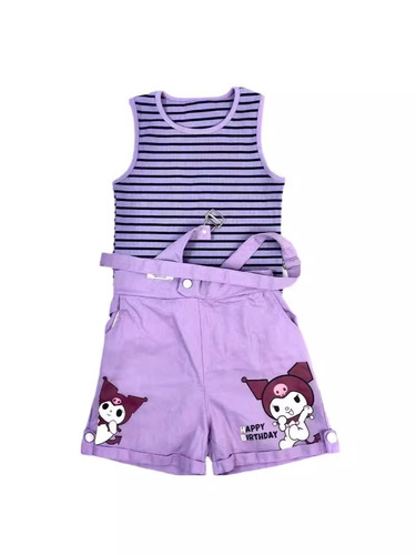 Summer new style girls two-piece suit striped vest shoulder strap shorts cartoon print fashion Kuromi