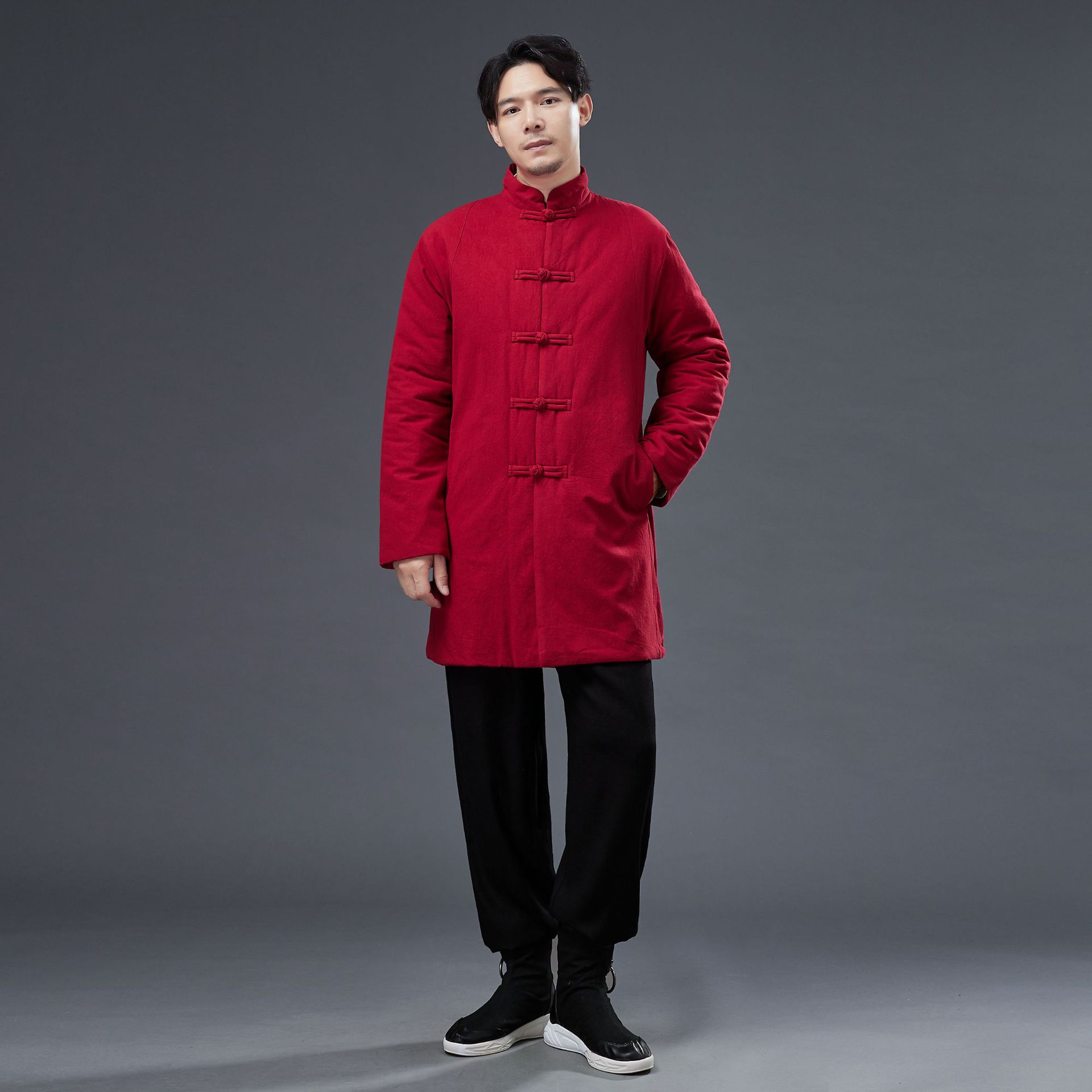 秋冬新品男款加棉棉袄外套中长款中国风棉袄手工盘扣立领保暖棉服