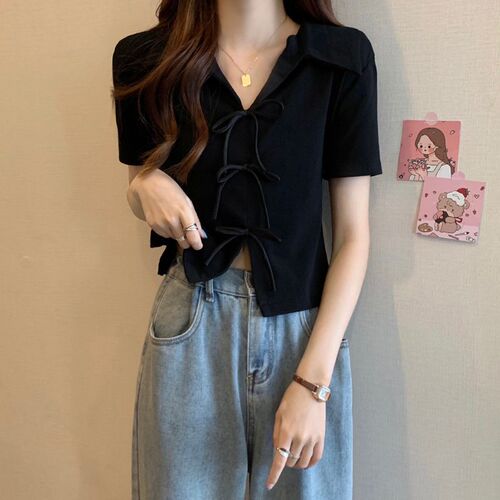 Women's Summer T-shirt with Polo Collar, Loose and Slimming for Plus Size, Short-sleeved Top with Irregular Bow Ties