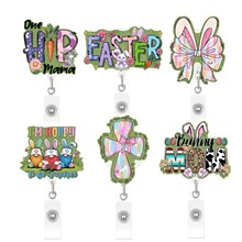 新款闪粉绿色MOM兔子伸缩夹旋转ID证件易拉扣徽章复活节礼物挂件