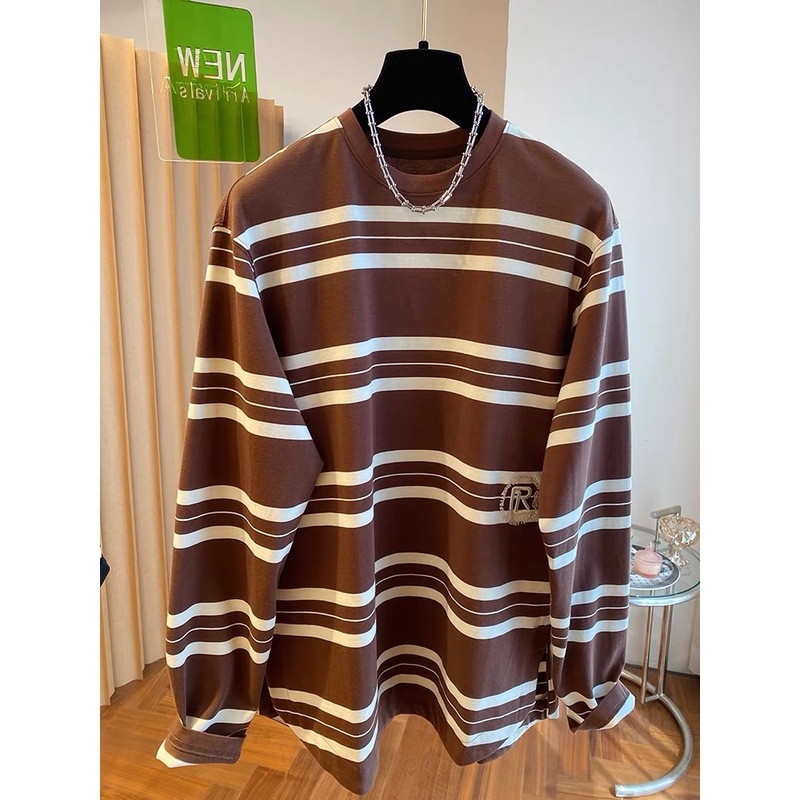 【胖妹妹】春秋新款高级感条纹长袖t恤女百搭休闲圆领松弛感上衣|undefined