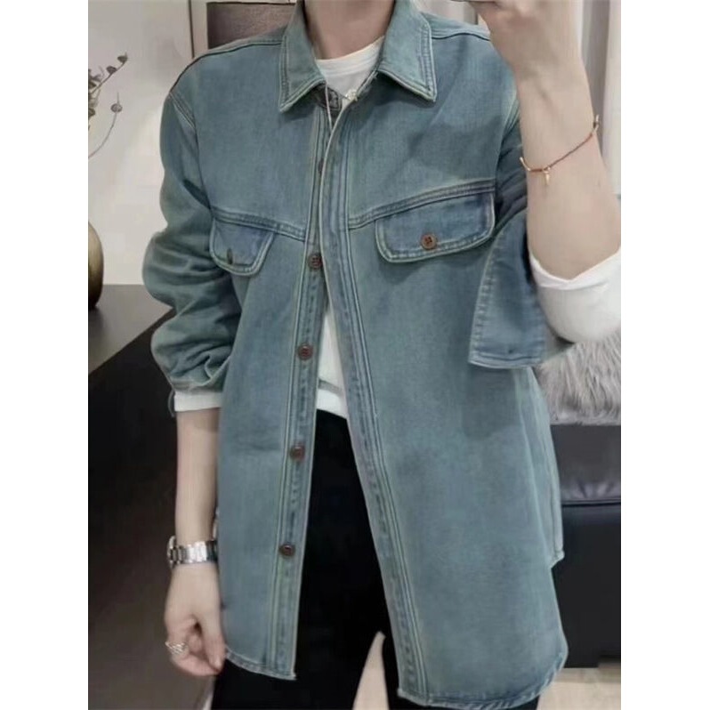 Flip Pocket Lapel Long-Sleeved Denim Shirt for Women Spring and Autumn New Retro Style French Outer Shirt Jacket