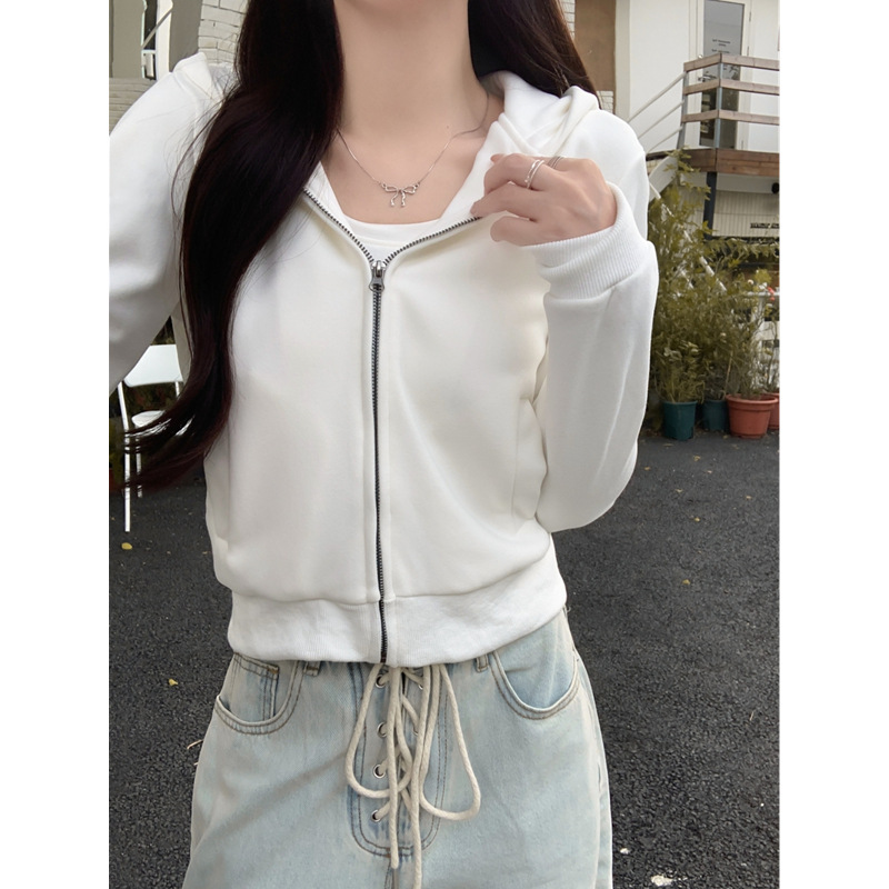 American-Style Sports Sweatshirt Hooded Jacket for Women, Autumn and Winter, Fleece-Lined, Thickened, White, Zip-Up, Slim-Fit, Short Cardigan Top