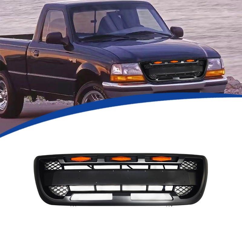 Suitable for 98-00 Ford Ranger modified RP style front grille, made of ABS material, replacement installation with yellow light