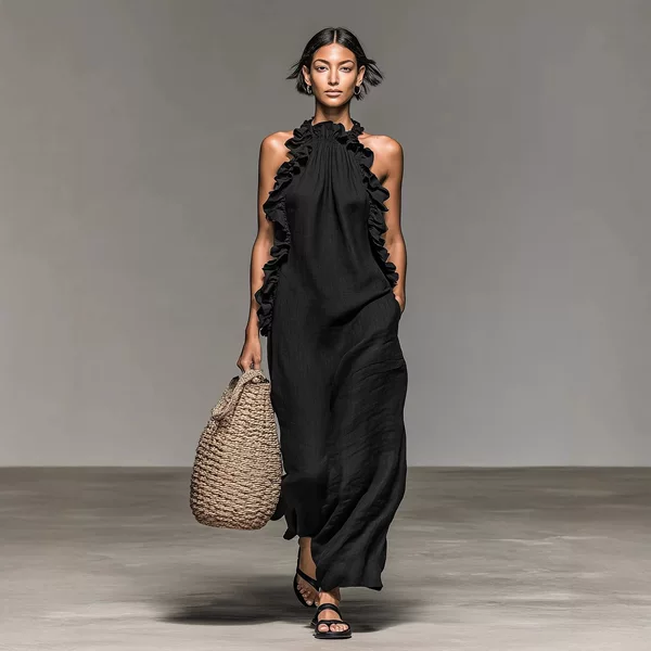 2026 European and American Resort Style Ruffled Halter Neck Sleeveless Dress for Women, Summer Loose Slimming Long Dress, Cross-Border Women's Fashion