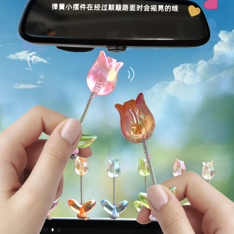 Tendencias nuevos productos adornos para automóviles tulipanes transparentes sacudiendo la cabeza flores adornos pequeños decoración de automóviles Douyin Internet rojo