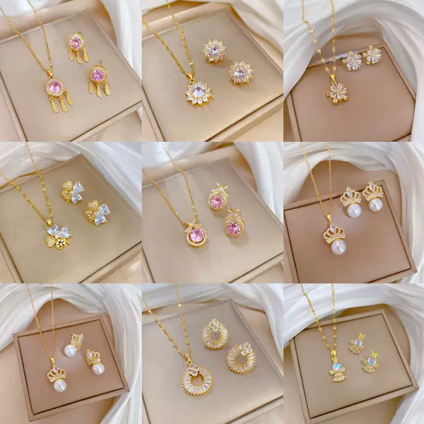 【Set】European and American Cross-Border Fashion Style, Light Luxury, Full Zircon Exquisite Copper Micro-Inlaid Earrings and Necklace Set Combination