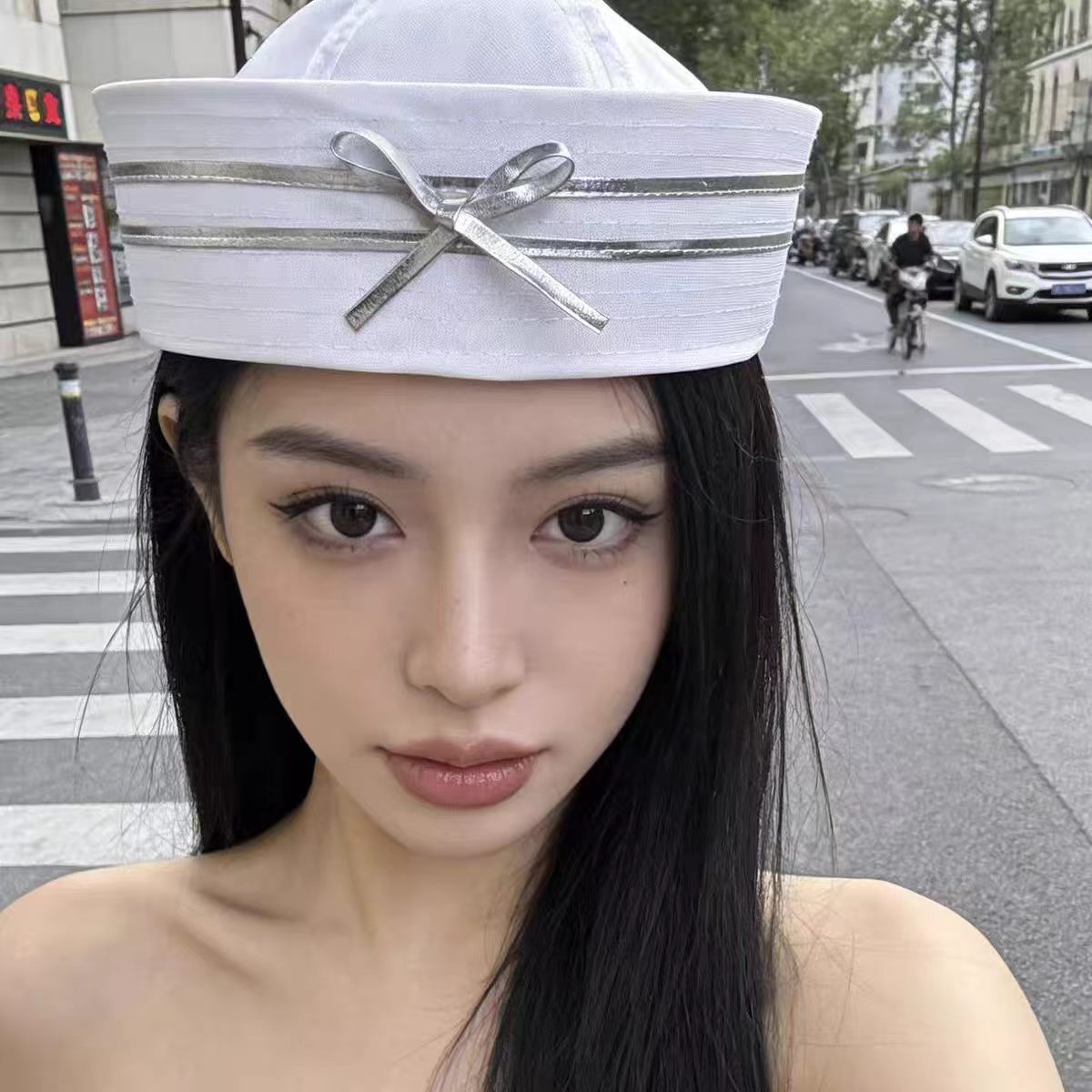 해변 바캉스 나비 리본 플랫탑 모자