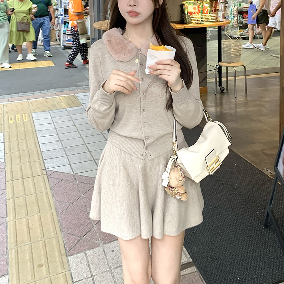 现货秋冬新品古着上瘾千金感獭兔毛领针织开衫女针织半身裙两件套