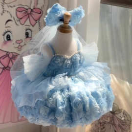 儿童礼服女童蓝色生日洛丽塔立体花朵2026新款小女孩演出服批发