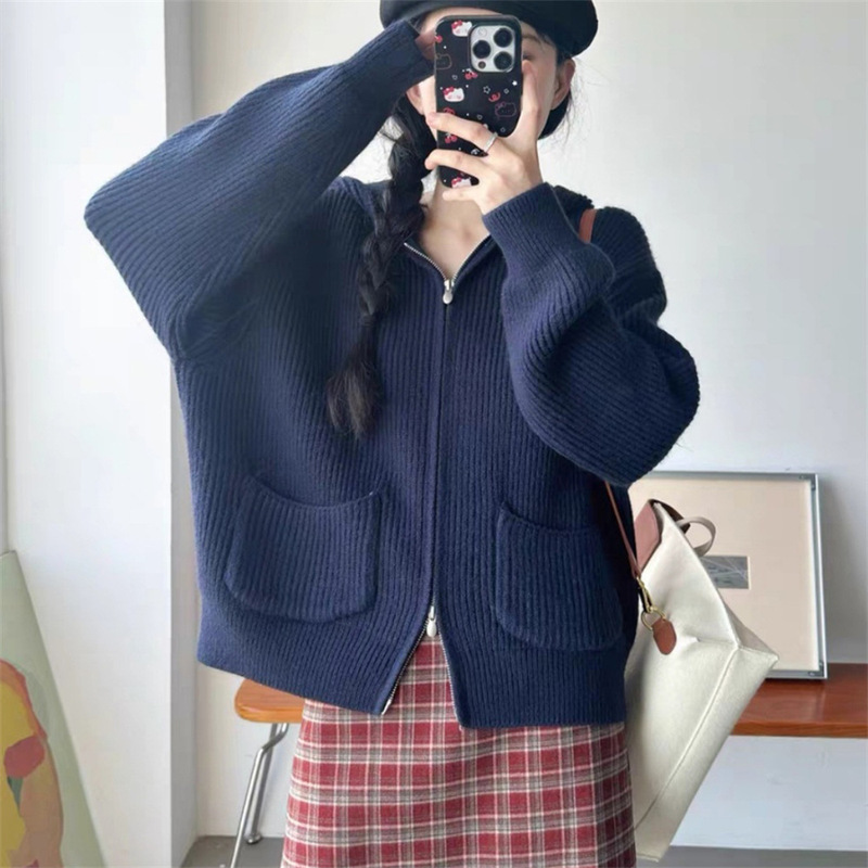 加厚简约坑条双口袋连帽拉链毛衣外套女秋冬新款宽松软糯针织开衫|undefined