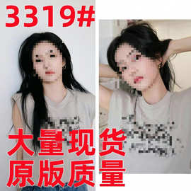 白鹿同款2025夏季新款印花字母T恤无袖垫肩设计感休闲短袖上衣女