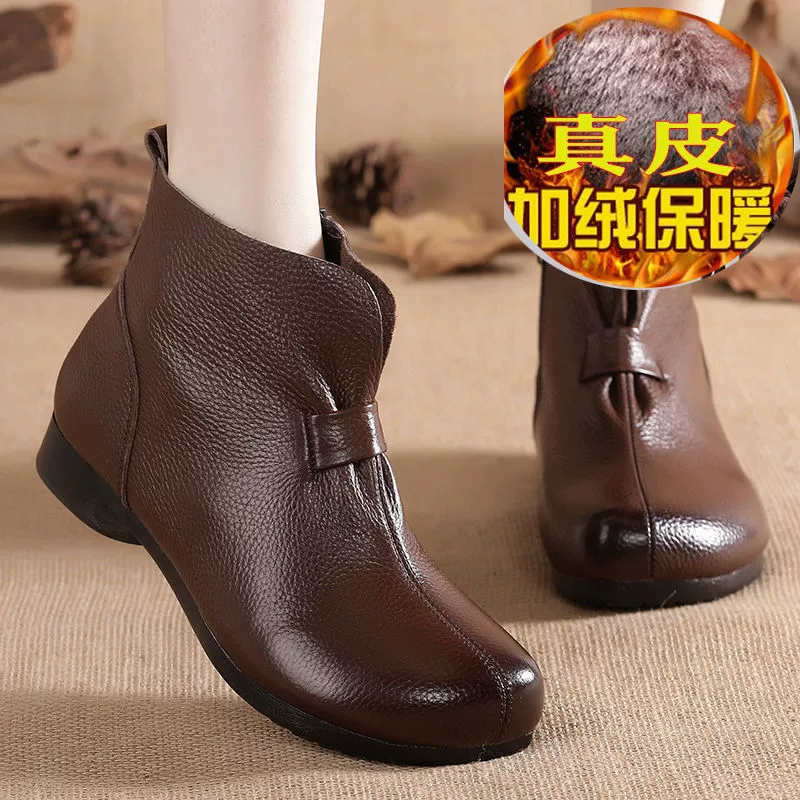Зимняя мама обувь хлопчатобумажная обувь среднего и пожилого возраста плоская подошва короткие сапоги женские бархатные теплые кожаные сапоги мягкая подошва нескользкая кожа весенняя осень