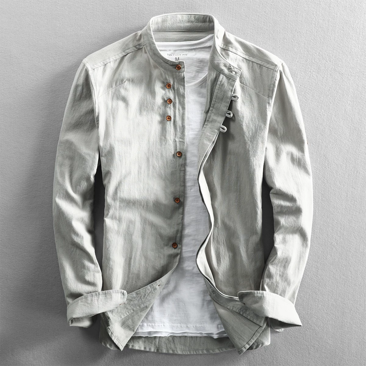 Imported cotton-linen shirt with Chinese-inspired style; color options: Hidden Green, Freshness, Shallow Gray, Gray Blue; sizes S-3XL