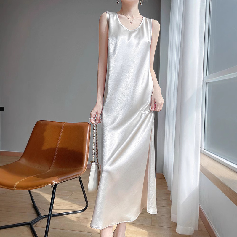Light Luxury French Acetate Satin Gilt Crystal Satin U-Neck Suspender Dress Engagement Banquet Versatile Sleeveless Dress