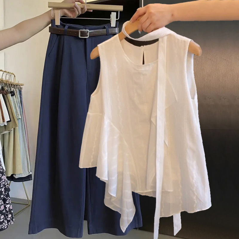 Recommended Popular Item~ Korean Jacquard Embroidery Irregular White Shirt for Women 2025 Summer Ribbon Sleeveless Top Recommended Popular Item~ Korean Jacquard Embroidery Irregular White Shirt for Women 2025 Summer Ribbon Sleeveless Top